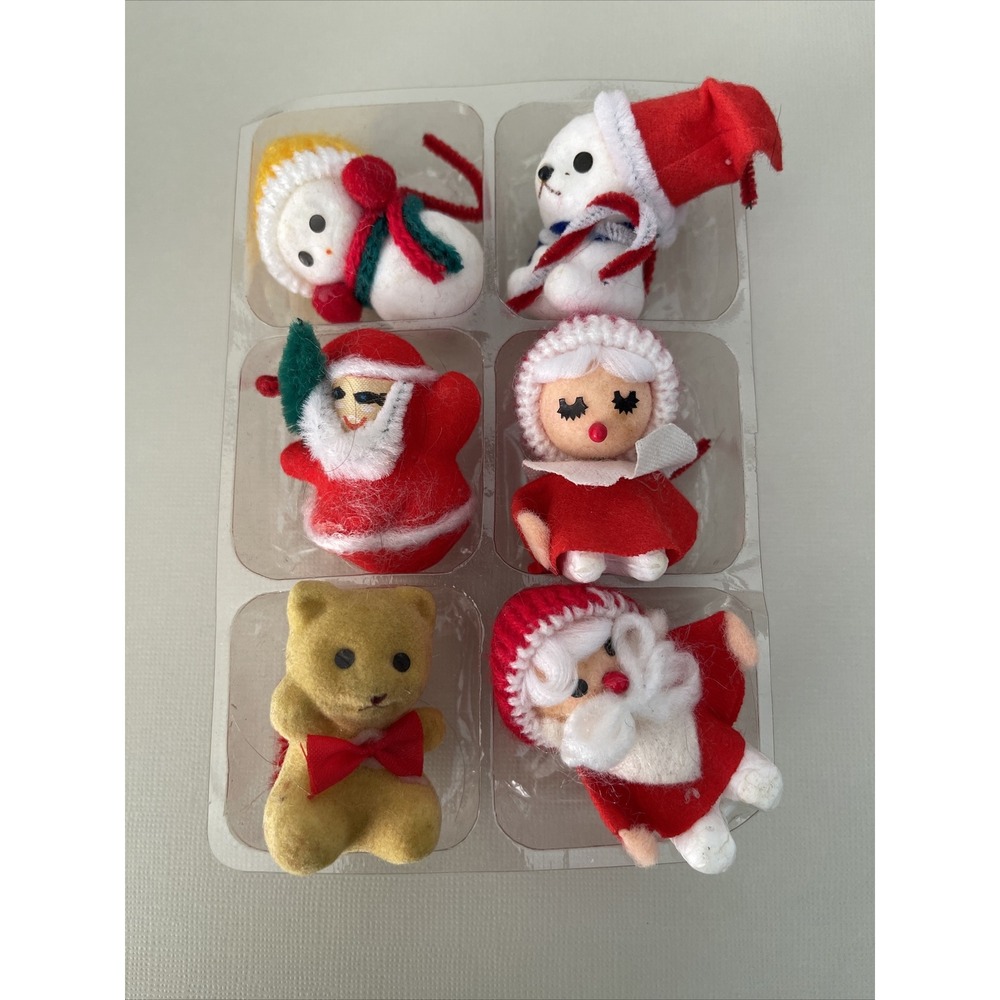 Vintage Christmas Gift Package Toppers Ornament Present Set of 6‎ Flocked Santa